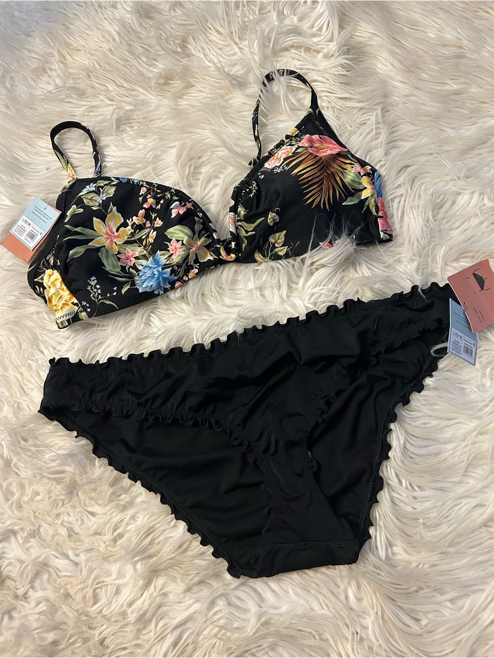 Floral Black Bikini Top with Solid Black Bottom